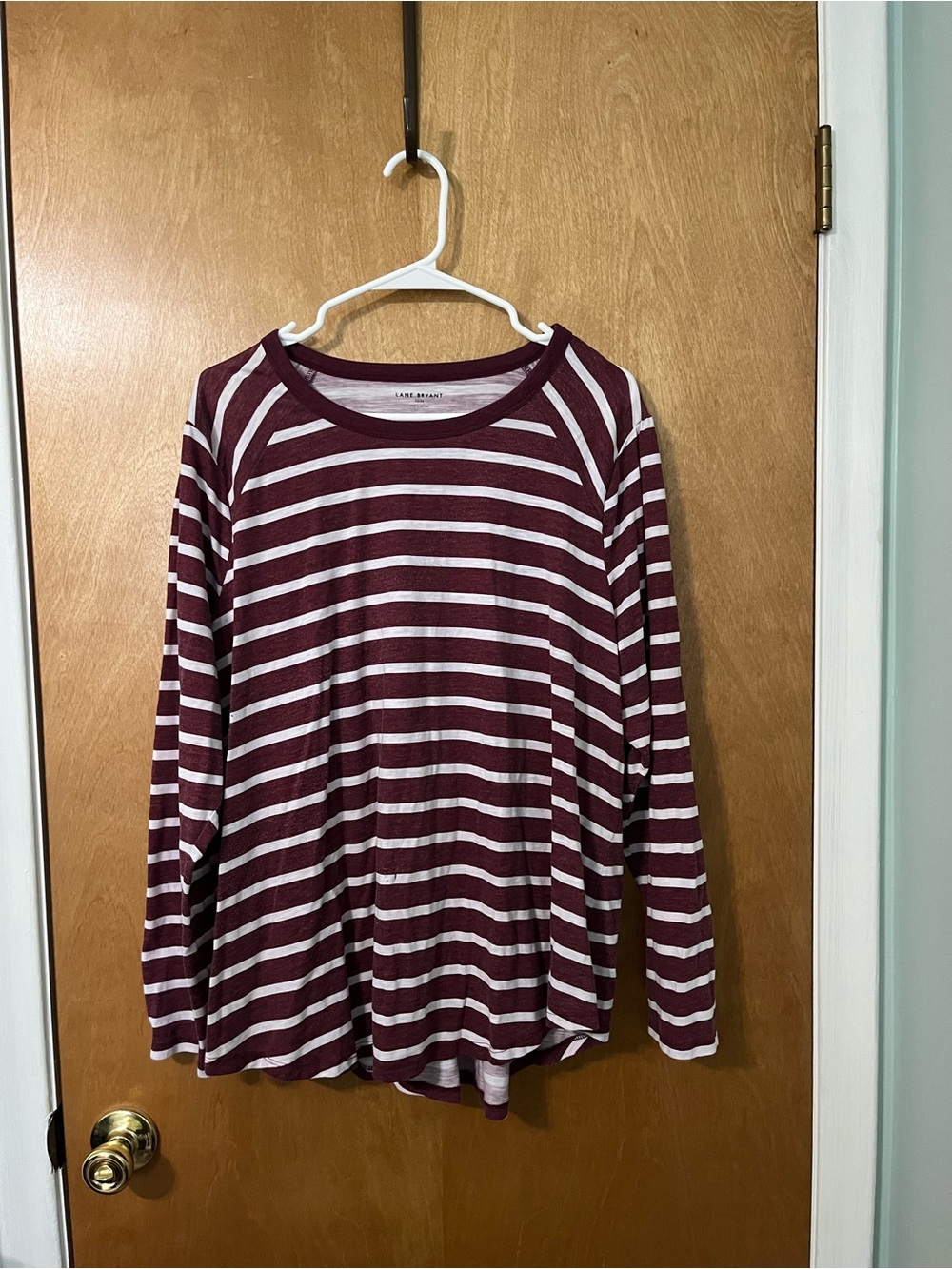 Lane Bryant Maroon and White Striped Crewneck Tee, Size 22/24